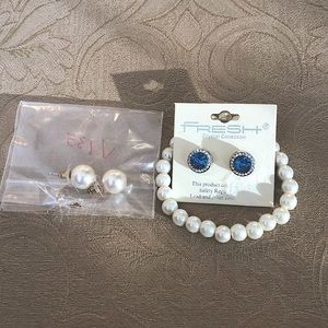 Faux Pearl Bracelet with Aqua Blue Earrings